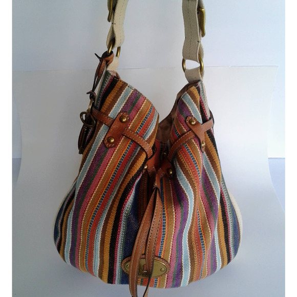 Fossil  Striped Women's Brown Canvas Shoulder Bag Leather Accents Handbag Medium - Picture 7 of 12